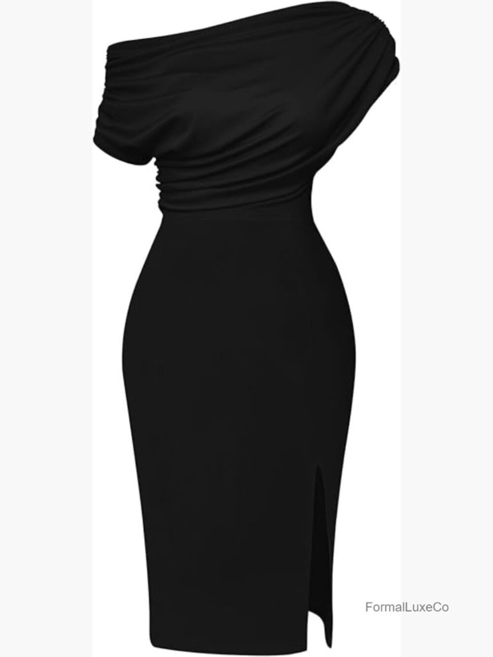 Off Shoulder Ruched Midi Bodycon Club Dress with Side Split